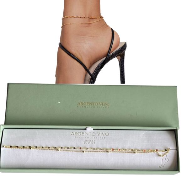 NEW Argento Vivo Sterling Silver Gold ANKLE BRACELET 9" +1" Double Strand Anklet - Picture 1 of 7